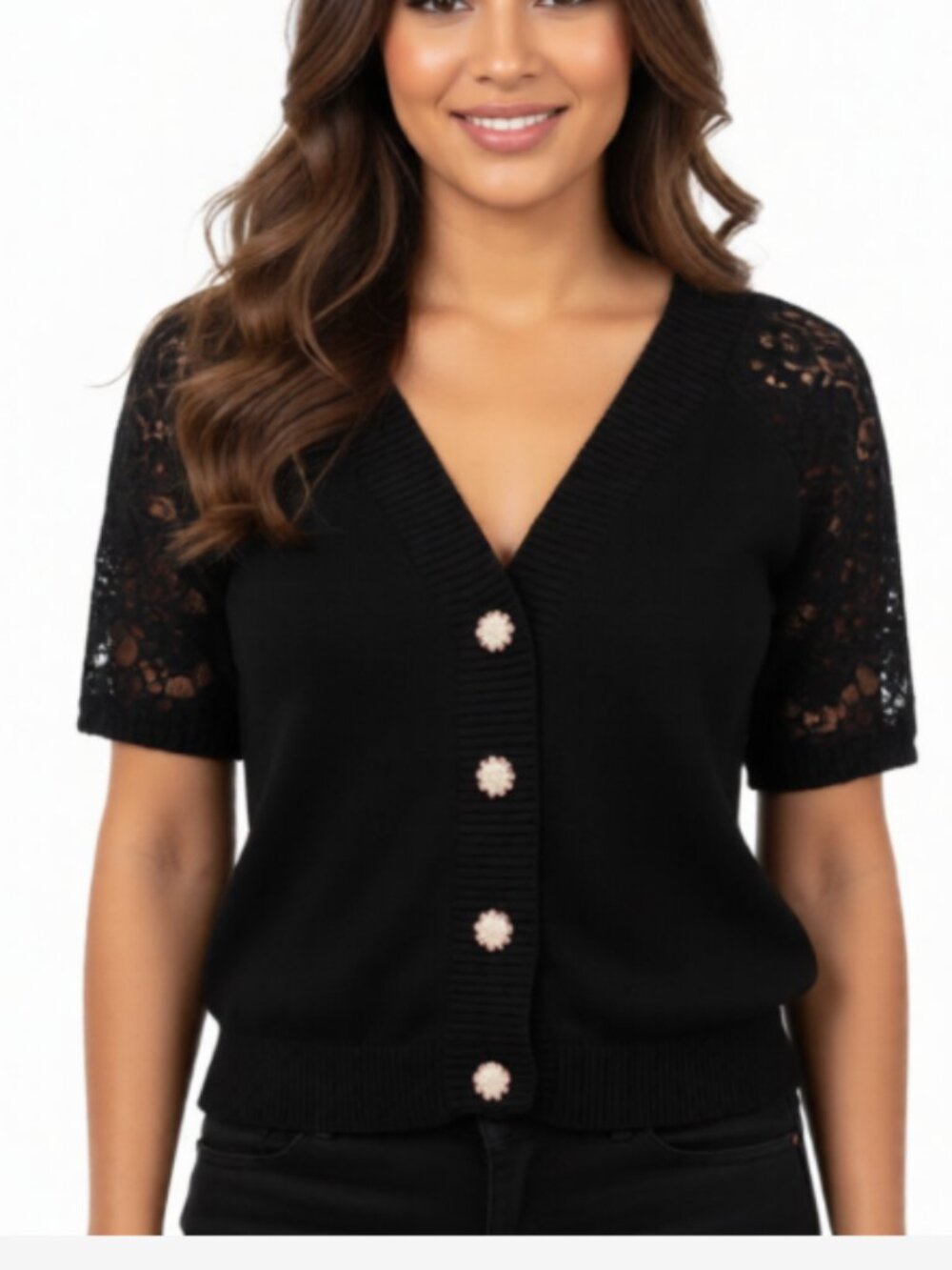 Roberto Cavalli Class Cardigan short sleeve sweater, Lace Rhinestone Black S